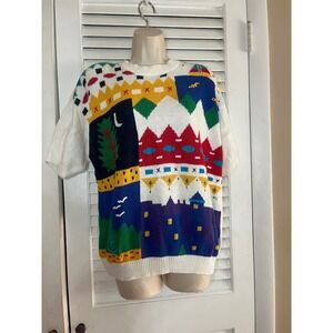 Vintage 80s Suburbans  Medium Short Sleeve Intarsia Castle Moon Sweater Knit